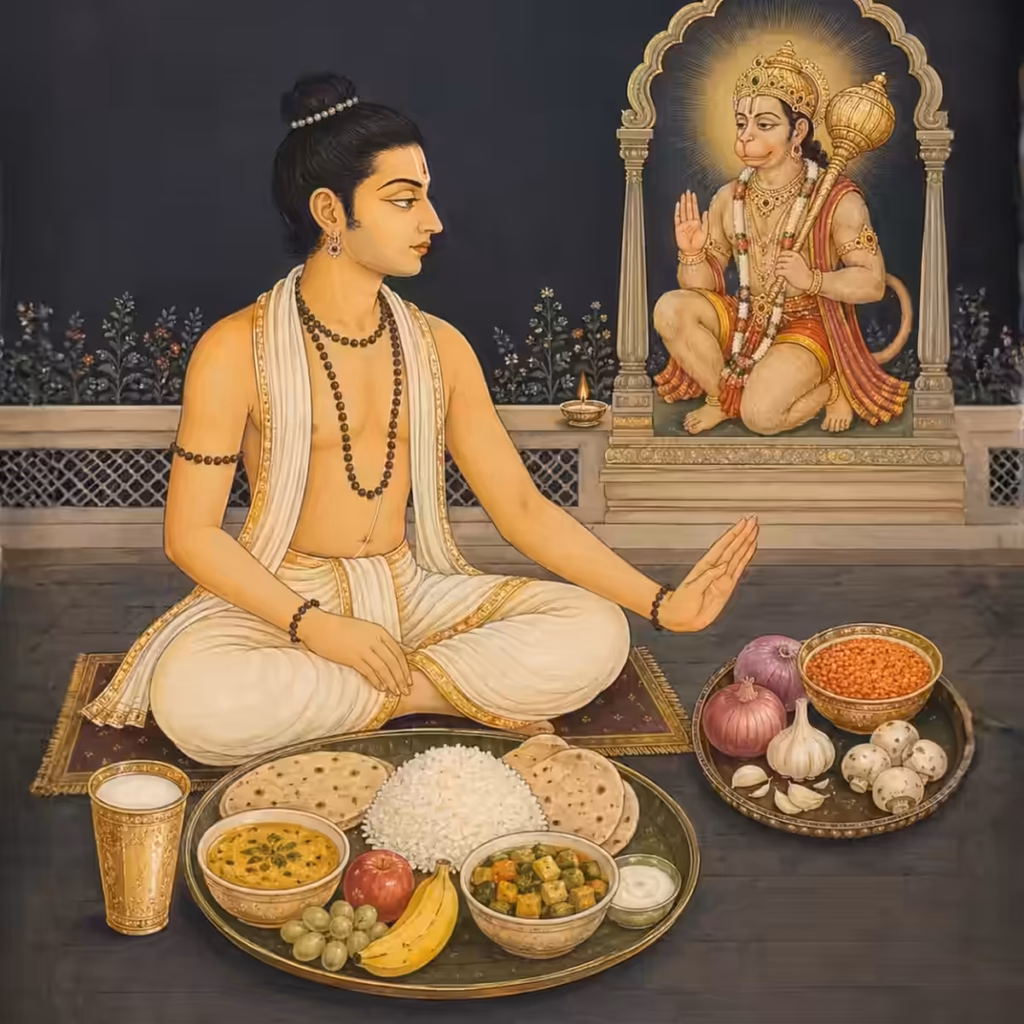 A sadhaka observing strict vegetarian diet rules for Sri Hanuman Sadhana by consciously avoiding tamasic foods like onions, garlic, mushrooms, and red lentils.