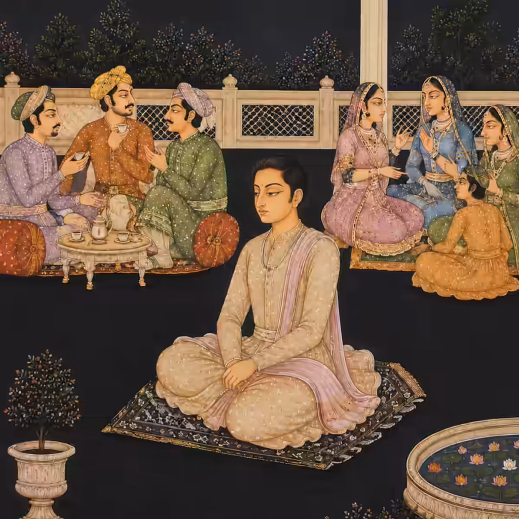 A sadhaka sitting peacefully while others converse in the background, highlighting the need for inner quietude and refraining from casual talks or frivolous arguments.