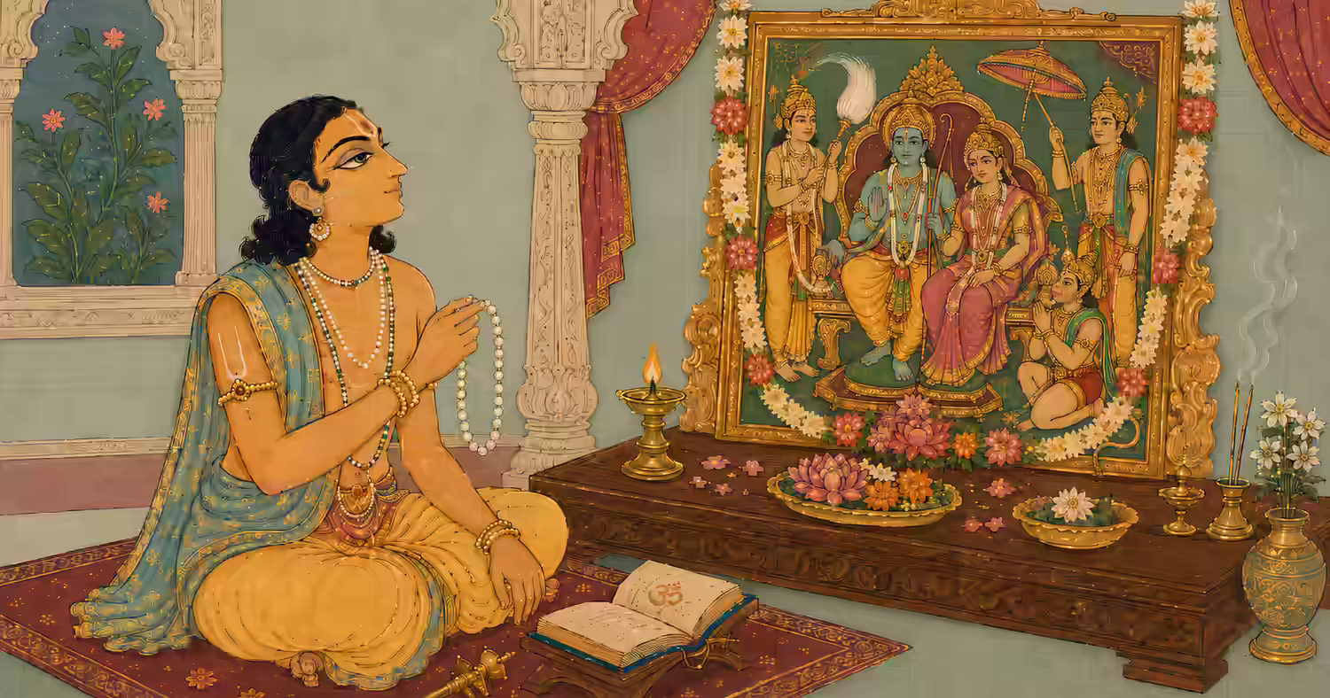 A dedicated sadhaka engaged in Mantra Sadhana before Sri Sita Ram and Sri Hanuman ji Maharaj, demonstrating how chanting the two-syllabled Rama Nama sweetens the mind, removes material obsessions, and brings the ultimate pleasure of liberation to the soul.