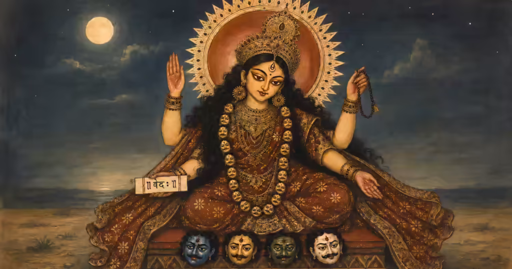 The Supreme Divine Mother in Her fierce and powerful form, adorned with a garland of heads and holding the sacred Vedas, representing the cosmic and protective energy of the Navarna Mantra (Om Aim Hreem Kleem Chamundaye Vicche).