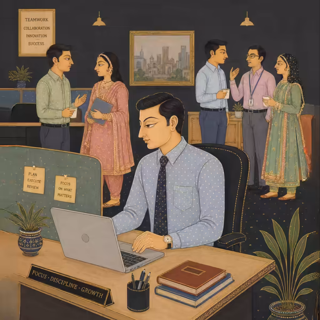 A professional focusing intently on work in an office setting, actively avoiding unnecessary socializing and intermingling to preserve mental energy for spiritual pursuits.