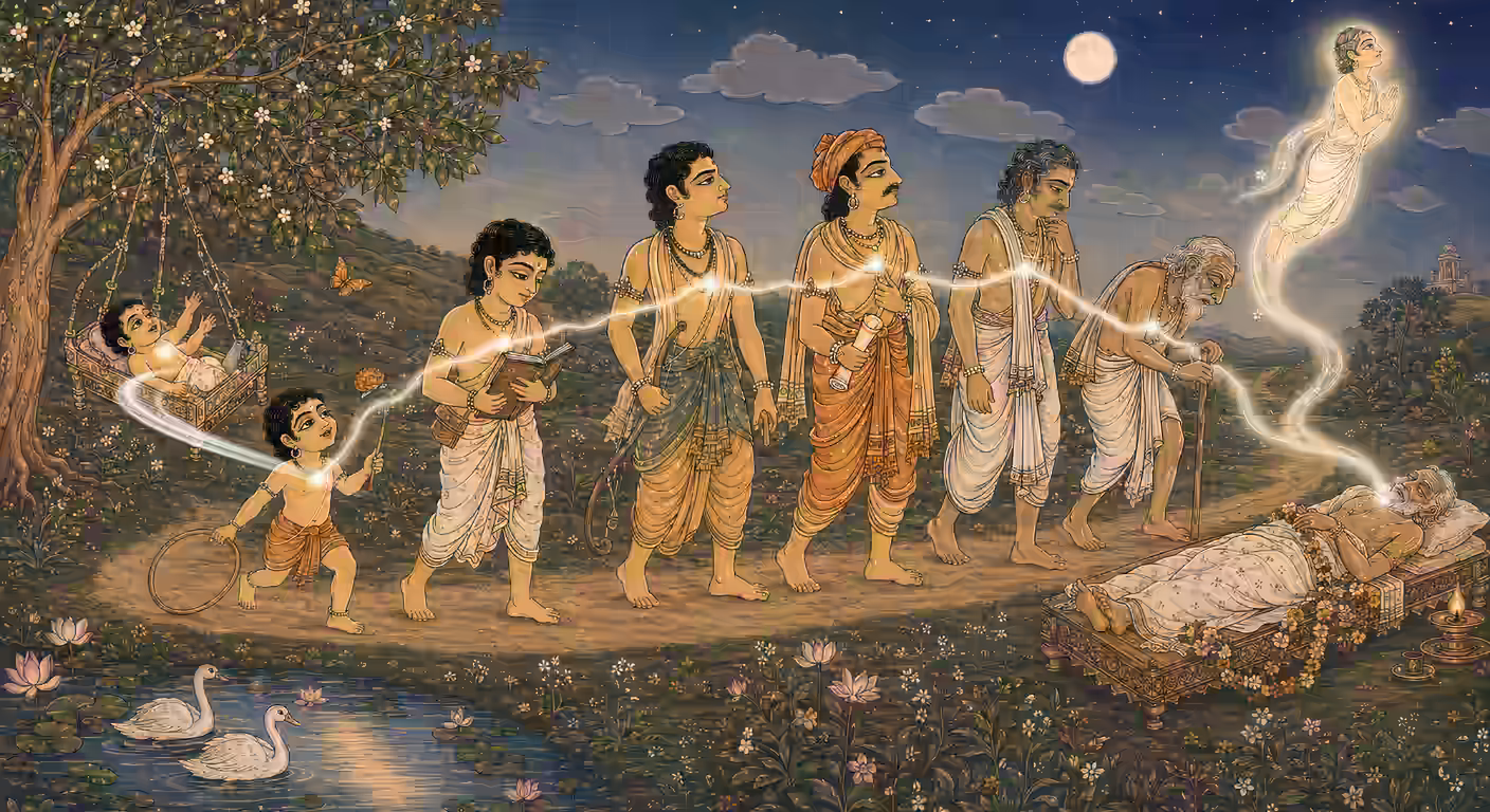 The continuous cycle of human life from birth to death, illustrating the unending web of material existence and loops of behavior. The 'Ra' akshara in Rama Nama acts as a wild forest fire to burn these past samskaras and karmas, liberating the Jiva.