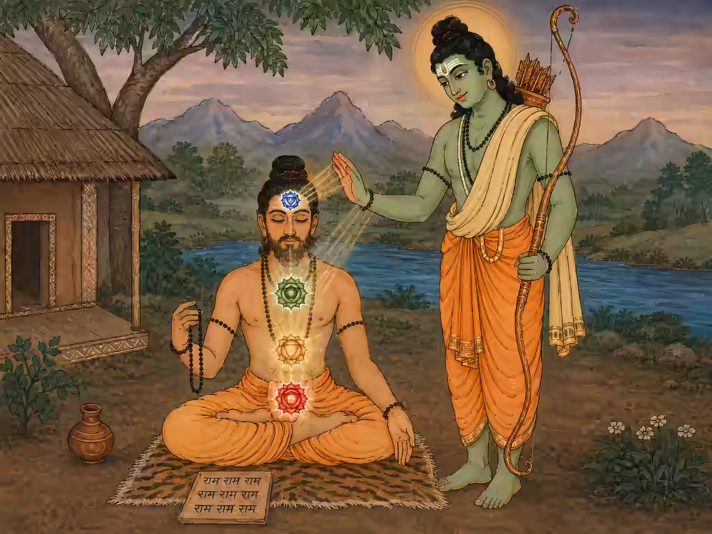A meditating sadhaka chanting Rama Nama as the syllables activate the Mooladhara, Manipura, Anahata, and Ajna chakras due to the resonant Agni, Surya, and Chandra elements.