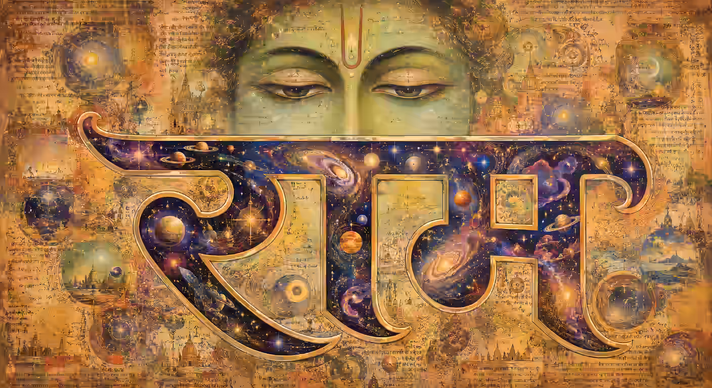 The sacred syllables of Rama Nama encompassing the cosmos, illustrating that it is not an ordinary sound but the Supreme Brahman and a powerful Beeja combination that influences the body mind system.