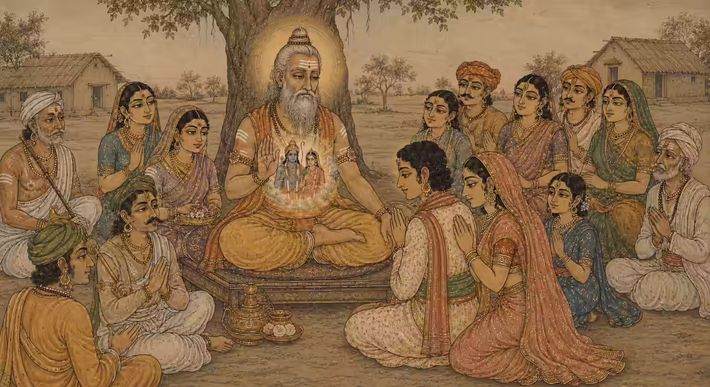 A wise sage holding Sri Rama in his heart while surrounded by seekers, illustrating how chanting Rama Nama purifies the mind and turns a person into a reservoir of wisdom.
