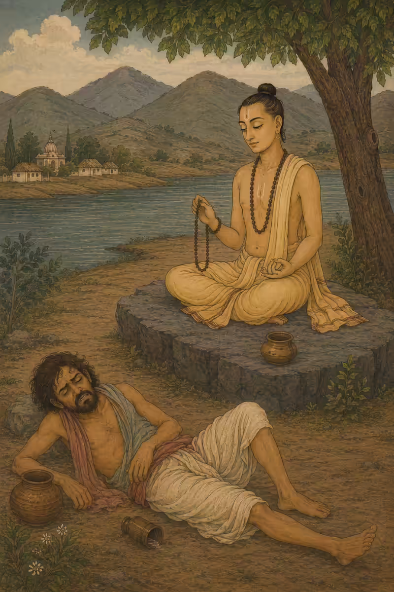 A calm sadhaka chanting Rama Nama compared to a distressed individual, illustrating the profound difference in their inner state of mind when facing inevitable Prarabdha Karma and material losses.