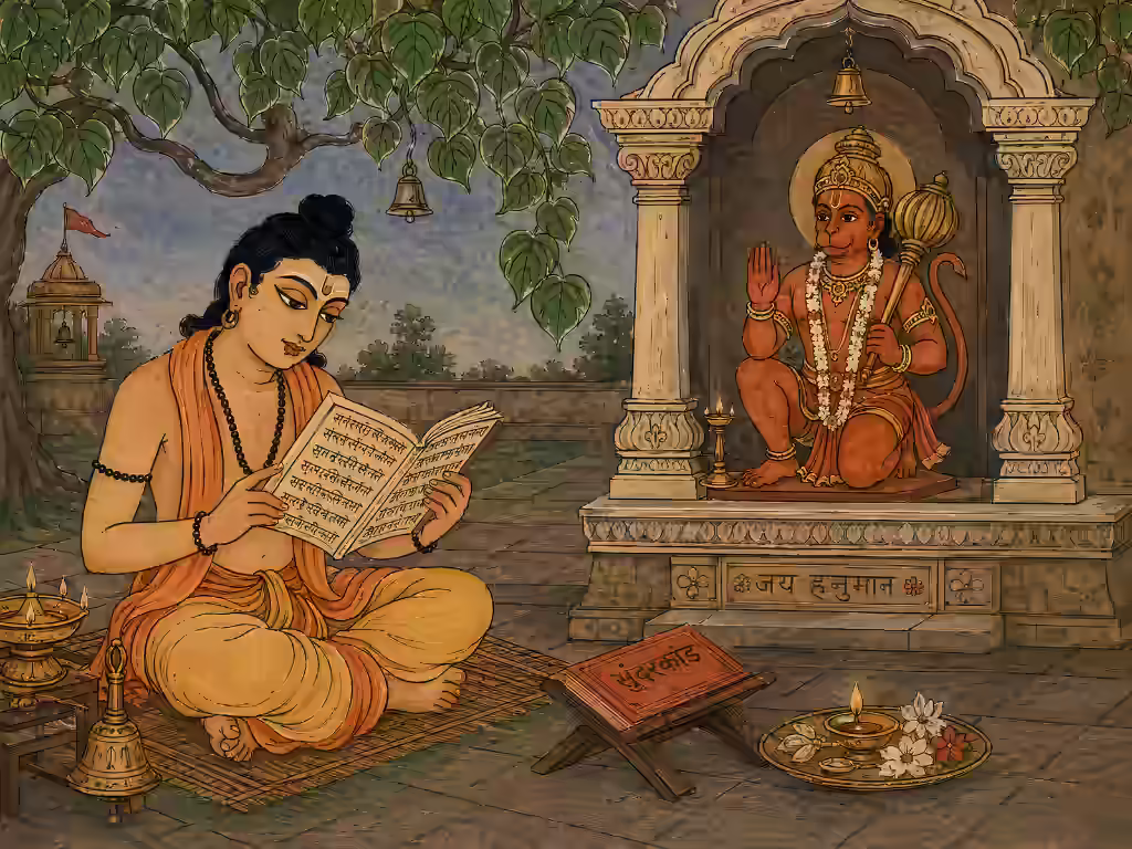 A dedicated devotee performing the Sunderkand Path before Sri Hanuman ji Maharaj, illustrating a sincere spiritual routine and commitment to the Taraka Mantra sadhana.