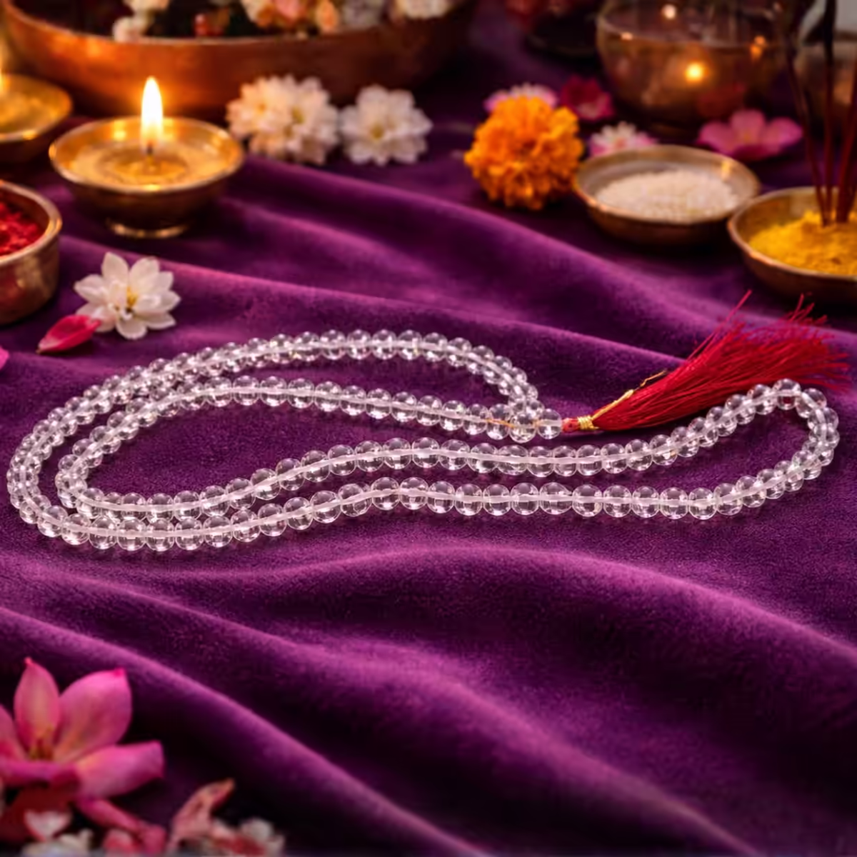 A Sphatik Mala used for chanting the Rama Nama to effectively cool the mind, whereas a strictly vegetarian Tulsi mala or an accessible Neem mala is utilized for deep mind purification during Mantra Japa.