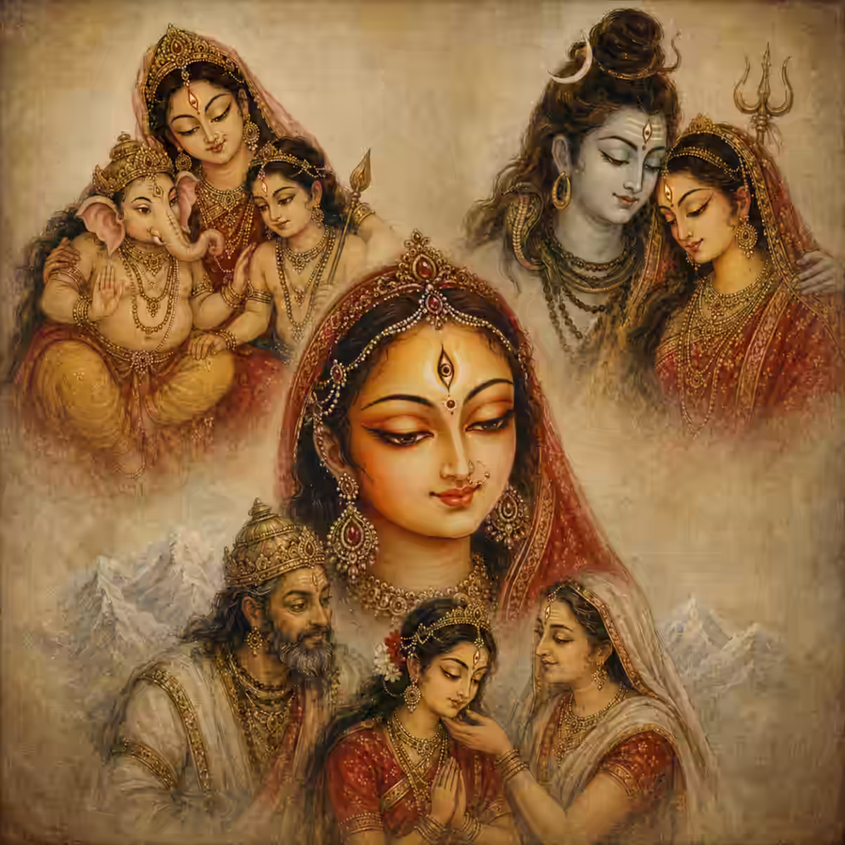 Goddess Shakti's multiple identities within Tantra, depicting Her various roles as the mother to Lord Ganesha and Skanda, the devoted wife of Lord Shiva, and the loving daughter of Himavan and Maina Devi.