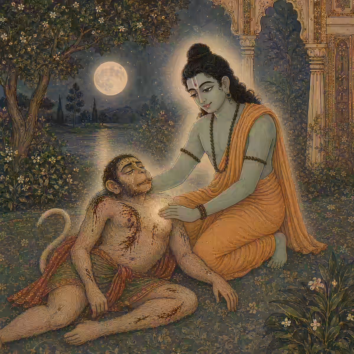 Sri Rama providing soothing comfort under a full moon, symbolizing the 'Ma' akshara and the cooling Moon element that settles the mind like a vast silent lake and dissolves all agitation.