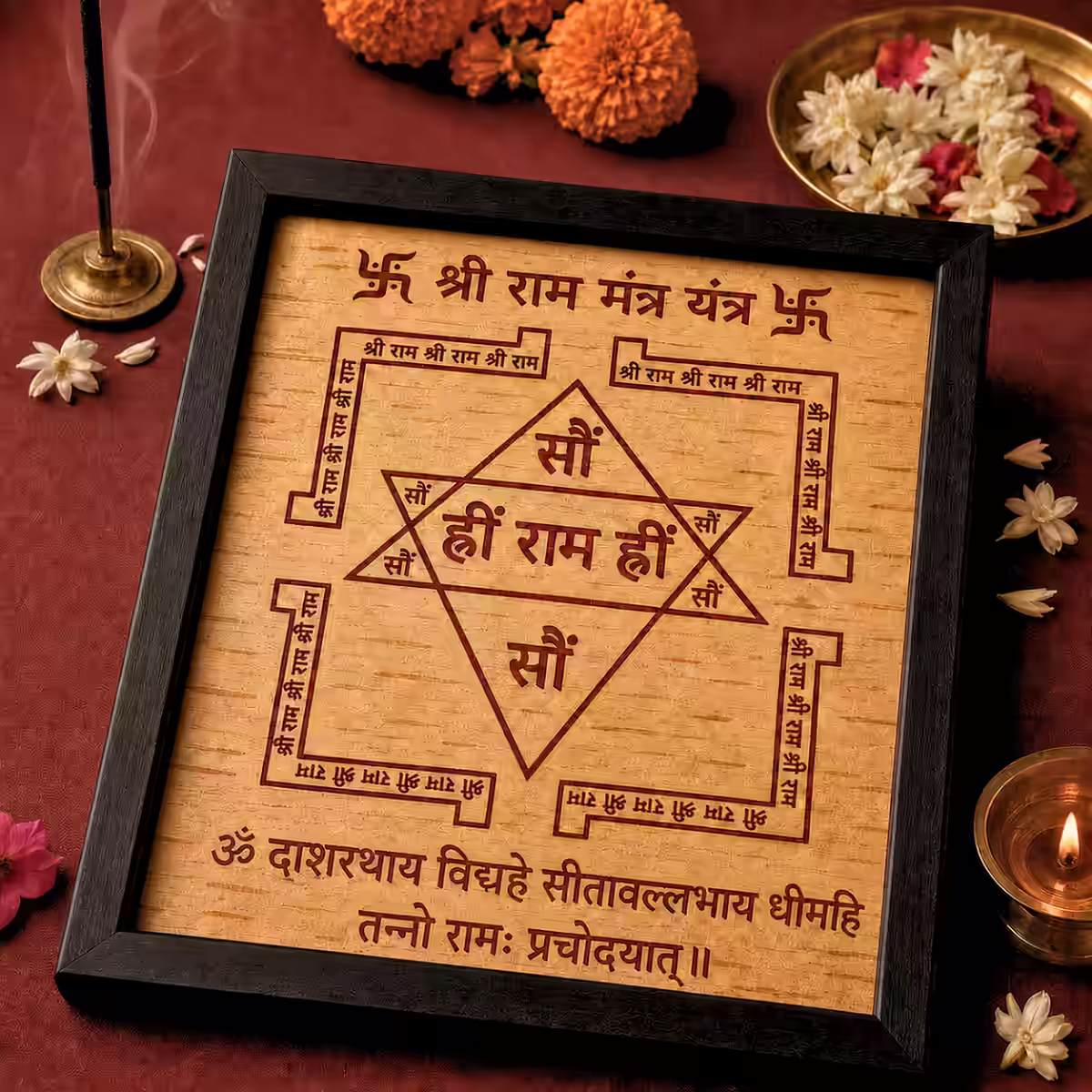 The Sri Rama Mantra Yantra crafted on authentic Bhoj Patra, featuring the Ram, Hreem, and Soum beejaksharas that invite prosperity, remove doshas during japa, and create a grounding field for the sadhaka.