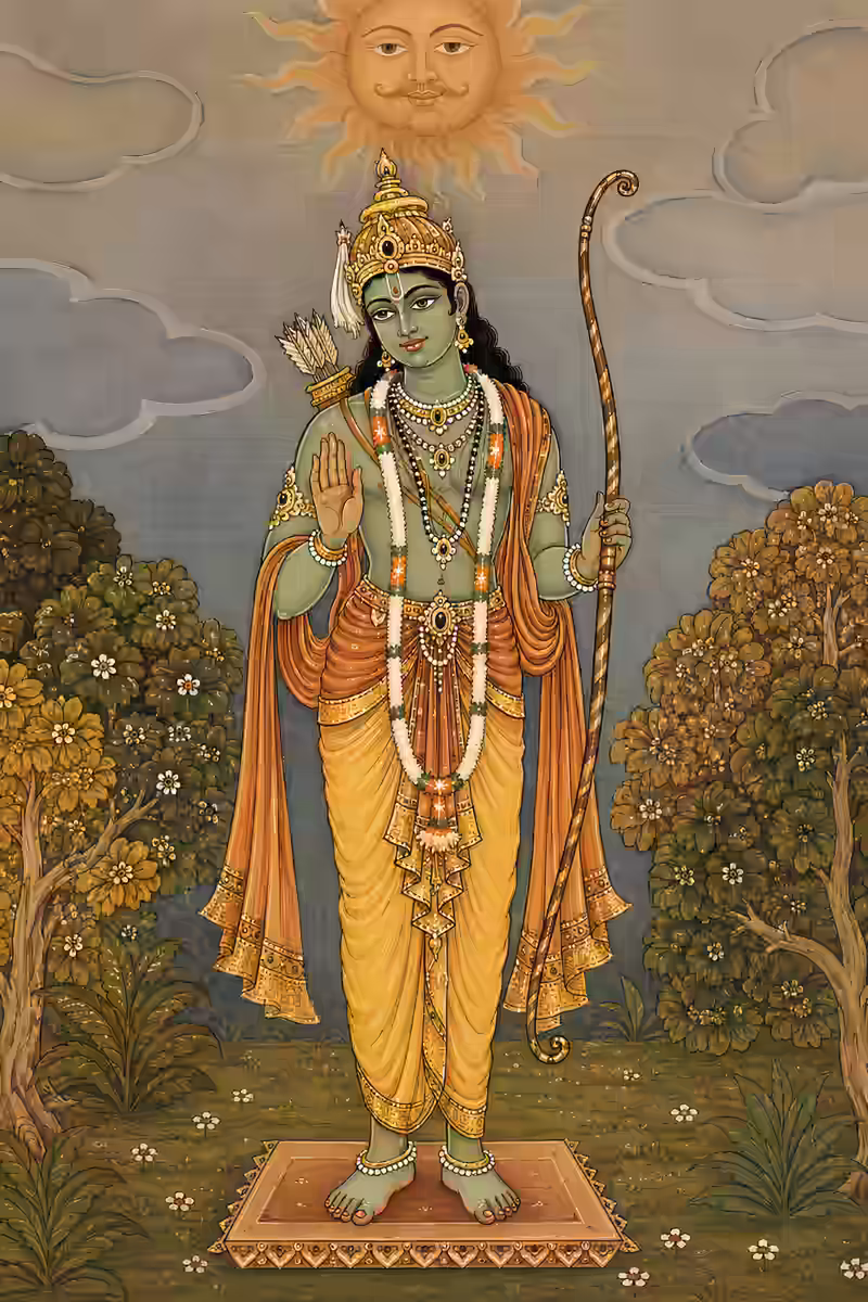 Sri Rama standing beneath a radiant sun, symbolizing the 'aa' Beeja and the glorious Raghu Vamsha that brings spiritual magnetism and fame to a sincere sadhaka.