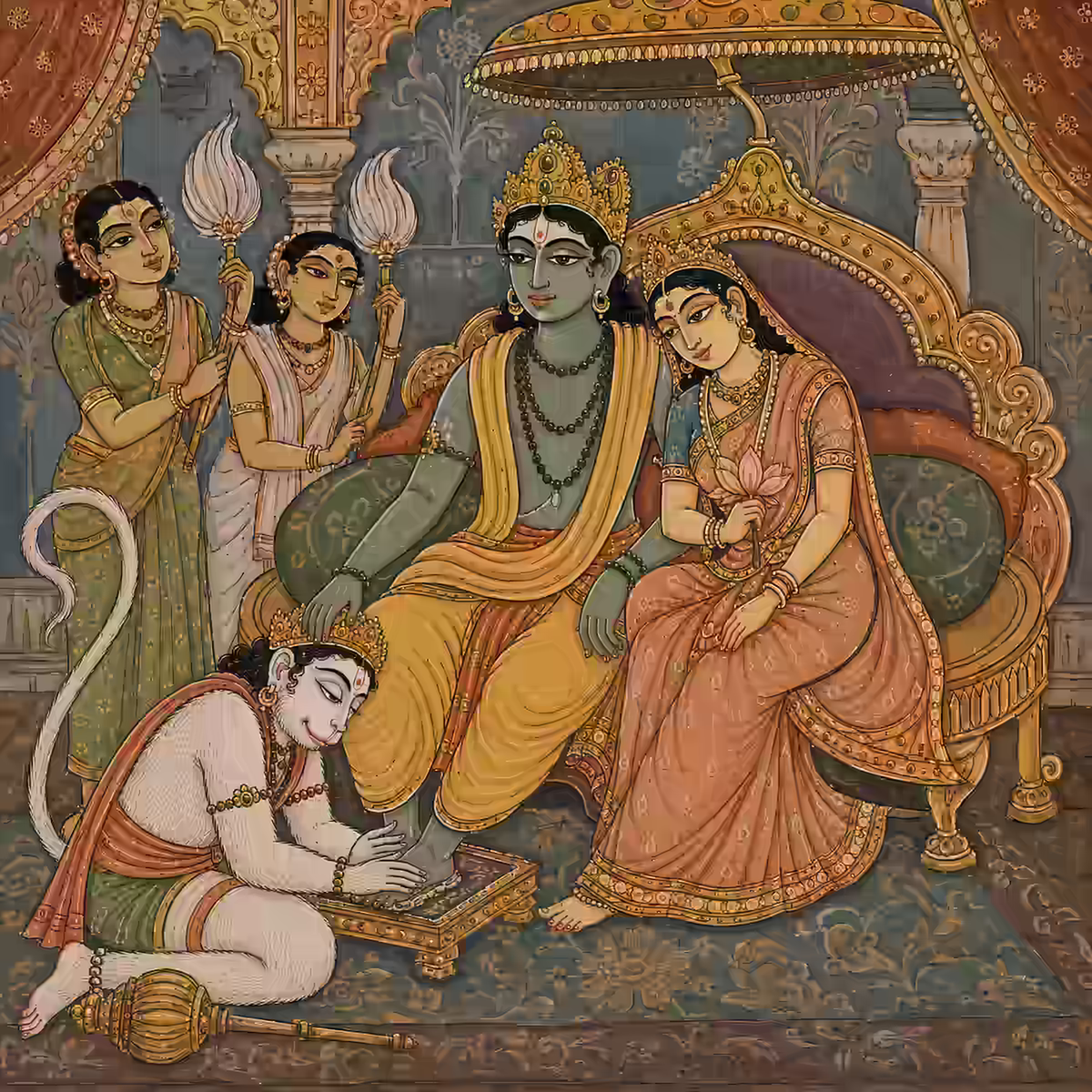Sri Sita Ram seated together while Sri Hanuman ji Maharaj expresses his deep Nishtha at the Lord's feet, illustrating the truth from the Rama Rahasya Upanishad that Sri Rama alone is the Supreme Brahman and Deliverer.