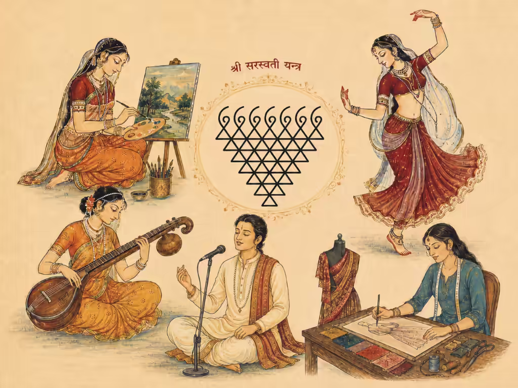 A group of creative professionals, including a painter, dancer, veena player, singer, and fashion designer, thriving in their respective arts around a central Sri Saraswati Yantra.