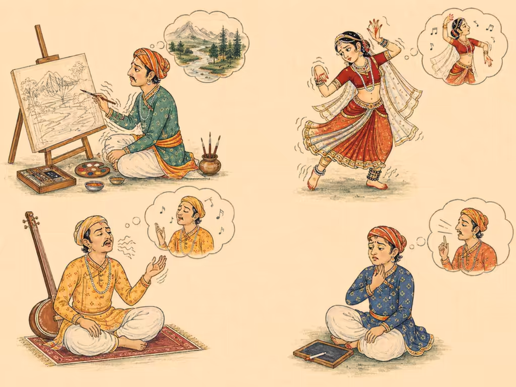 Four artistic figures—a painter, dancer, singer, and speaker—experiencing a disconnect between their creative concepts and physical expressions, showing a lack of sync between Jnana and Vak Shakti.