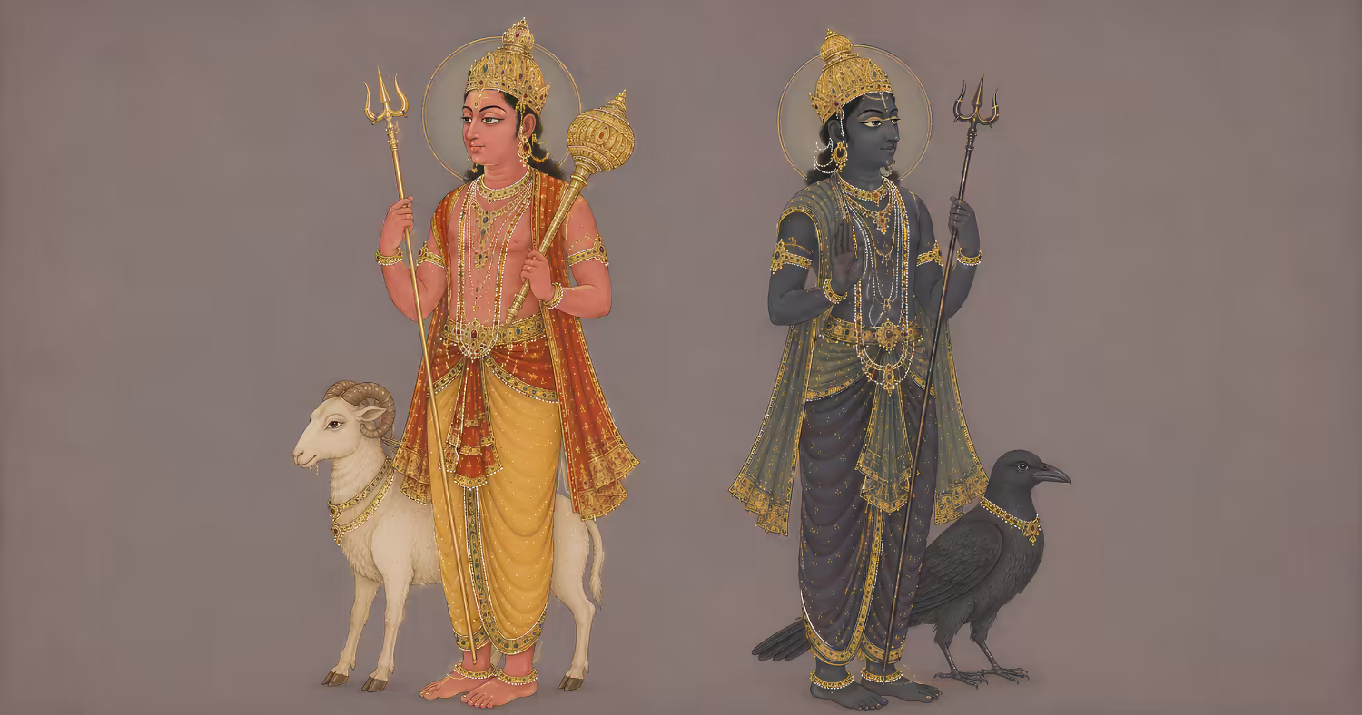 Artistic depiction of planetary deities representing aggressive Mars and restrictive Saturn, whose afflictions can be pacified by the Veerabhadra mantra.