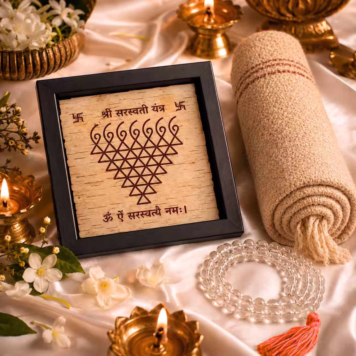 A framed Shri Bhairav Yantra displayed on a traditional mat alongside a rudraksha mala, a black chanting mala, red hibiscus flowers, and a lit brass diya for daily mantra japa and sadhana.