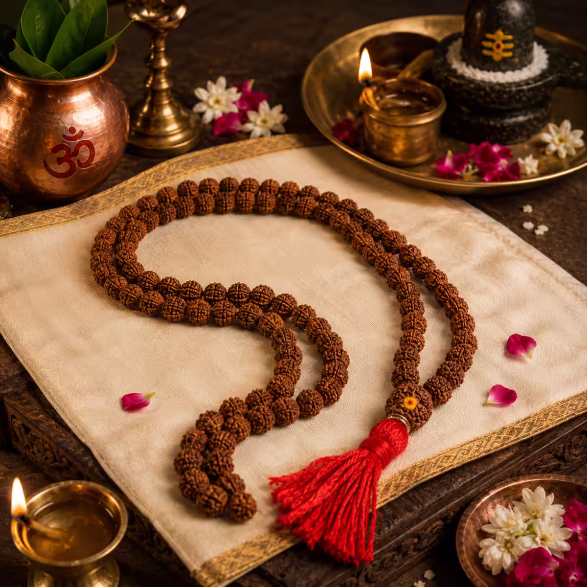 A close-up of a traditional Lal Chandan Japa Mala resting on a red silk cloth, used by spiritual seekers for chanting the Navarna Mantra and creating a protective shield during Devi sadhana.