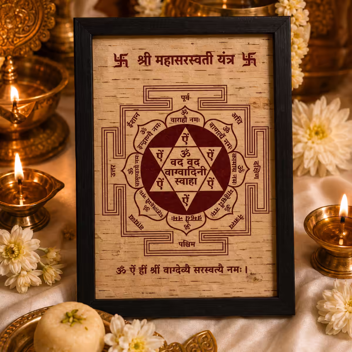 Traditional artwork of Sri Guru Gorakhnath ji in deep red robes, seated in meditation before a sacred Sri Gorakhnath Yantra designed with authentic earthen Bhojpatra textures.