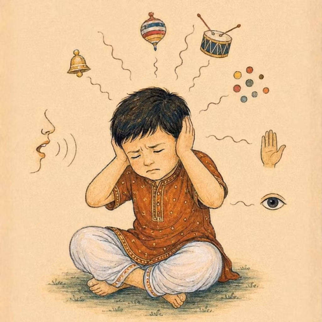 An illustration of a young child covering his ears in distress, surrounded by visual and auditory symbols representing struggles with speech impairment or nervous discoordination.