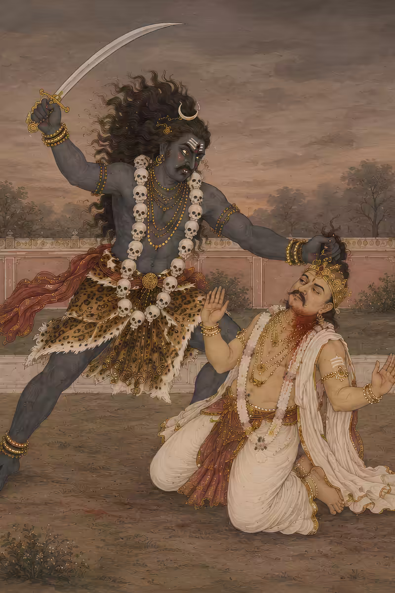 The fierce Daksha-Hanta form of Lord Veerabhadra striking down King Daksha, a powerful symbol representing the destruction of arrogance and ego in spiritual sadhana.