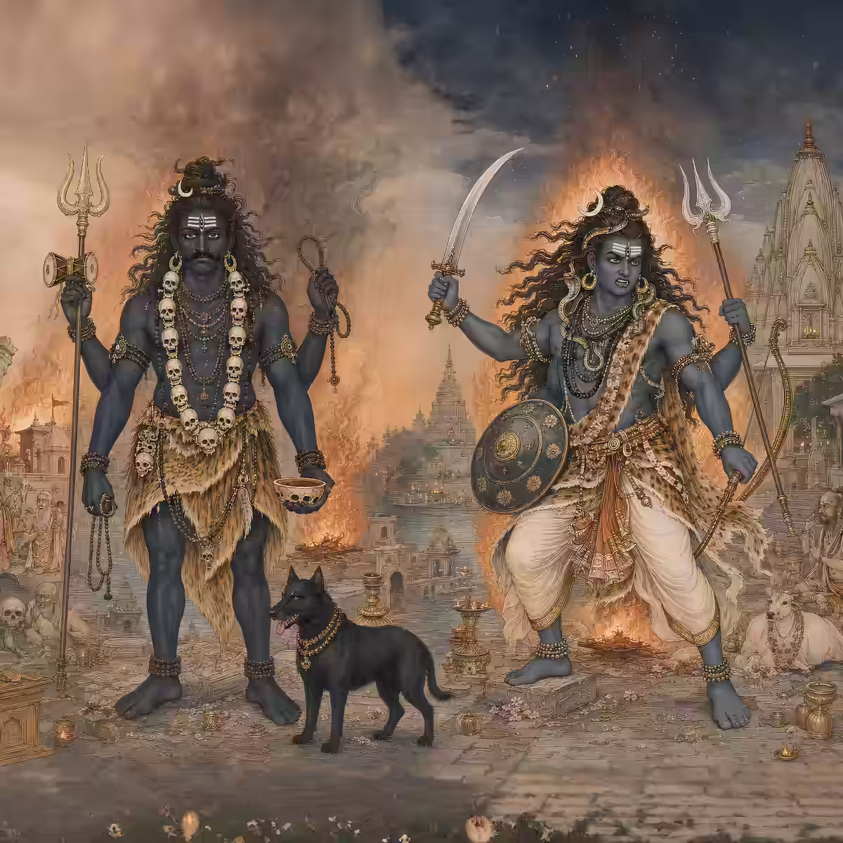 A side-by-side visual comparison of Lord Kaal Bhairav with his sacred dog mount and Lord Veerabhadra, highlighting their distinct protective manifestations.