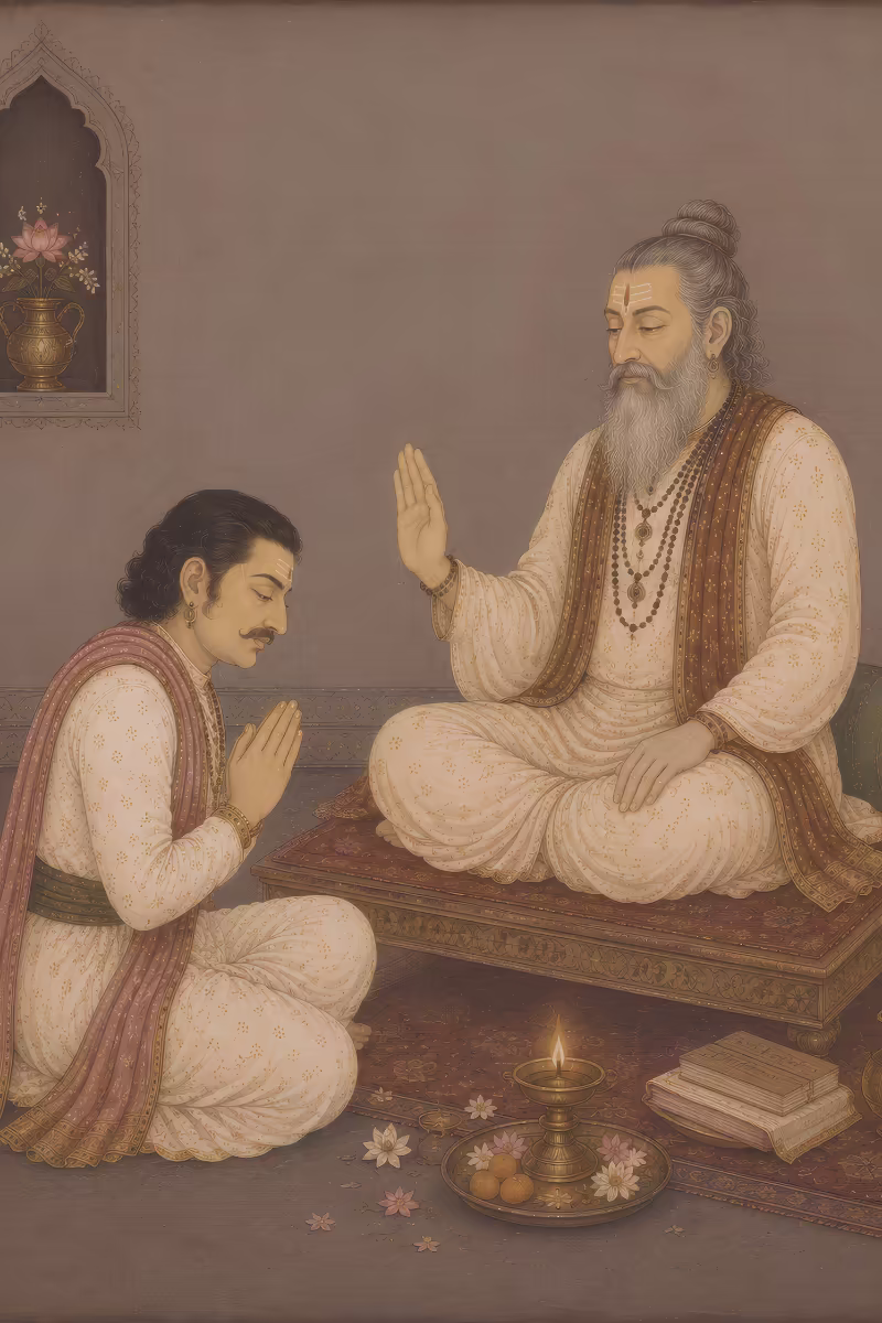 A spiritual guru blesses a kneeling disciple in a traditional Indian setting, with a glowing oil lamp, flowers, offerings and sacred scriptures nearby.