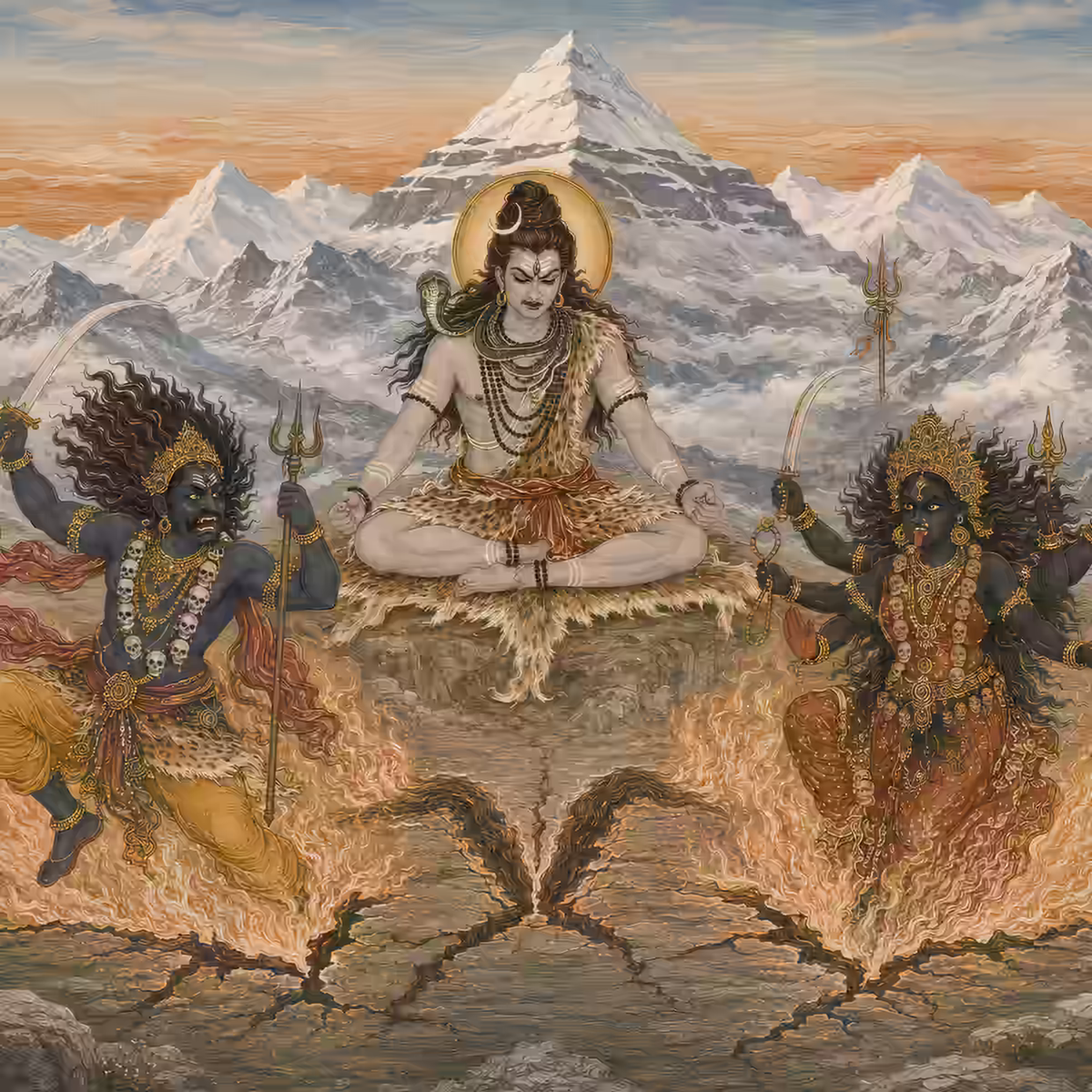 Lord Shiva meditating on a mountain while His intense wrath manifests into the fierce and powerful deities, Lord Veerabhadra and Devi Bhadrakali
