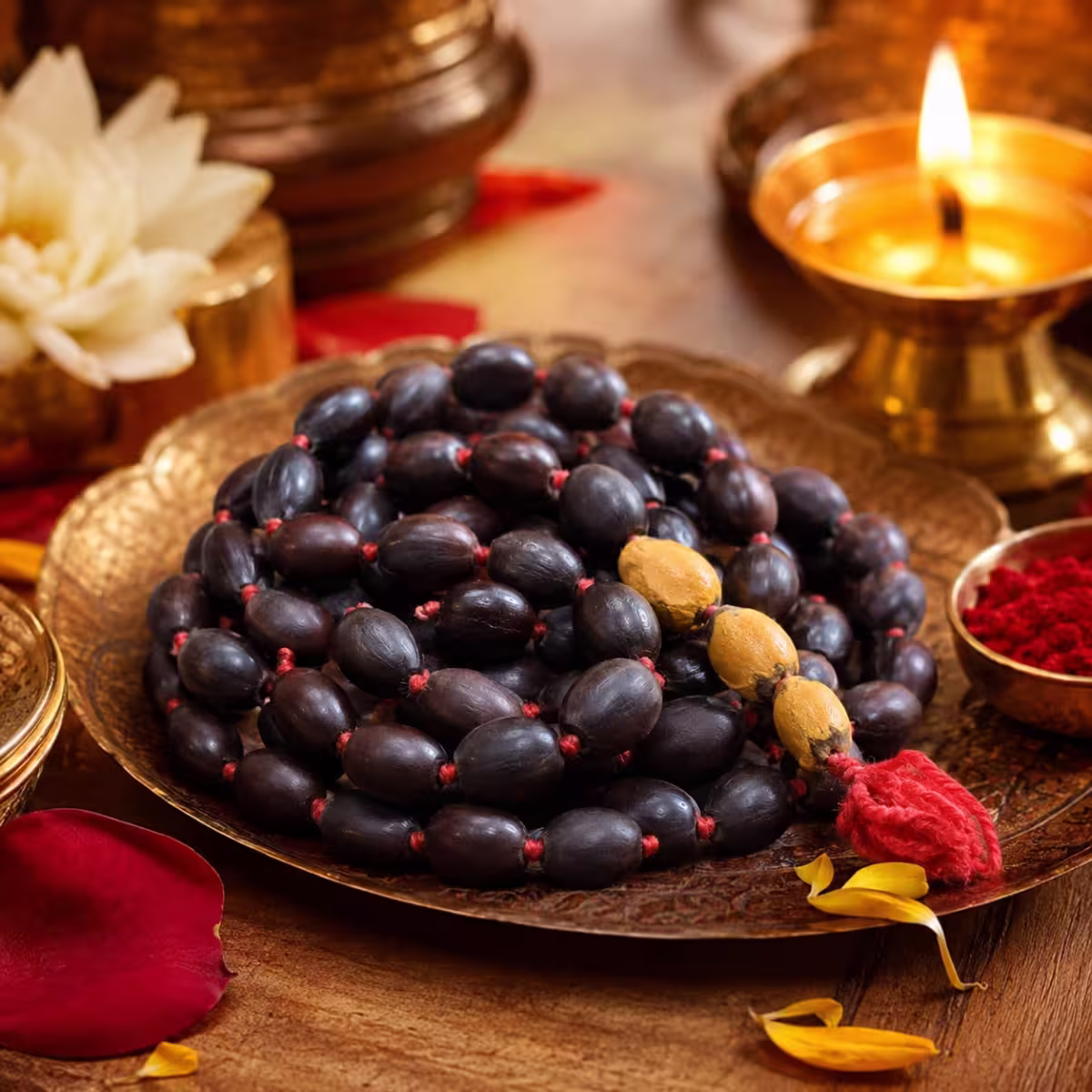A close-up of a traditional Lal Chandan Japa Mala resting on a red silk cloth, used by spiritual seekers for chanting the Navarna Mantra and creating a protective shield during Devi sadhana.