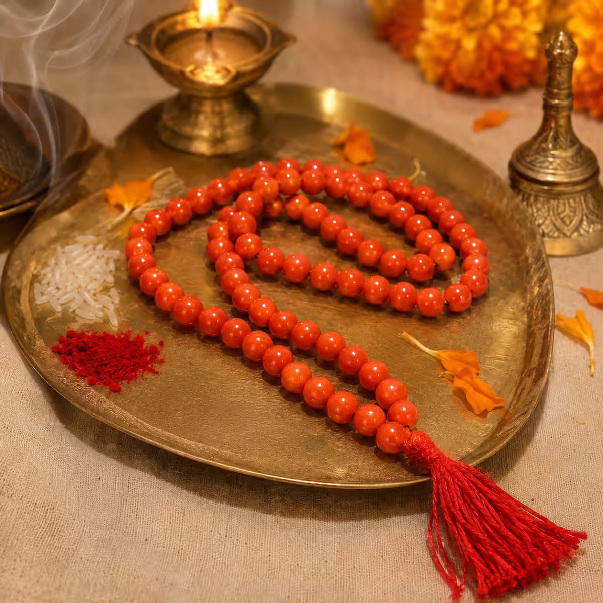 A close-up of a traditional Lal Chandan Japa Mala resting on a red silk cloth, used by spiritual seekers for chanting the Navarna Mantra and creating a protective shield during Devi sadhana.