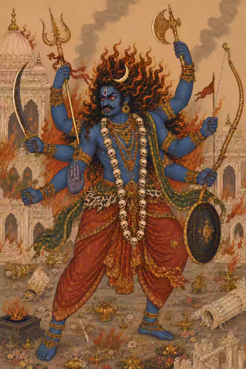 The terrifying, multi-armed form of Bhagawan Veerabhadra wearing a skull garland and holding various weapons while destroying Daksha's sacrifice.