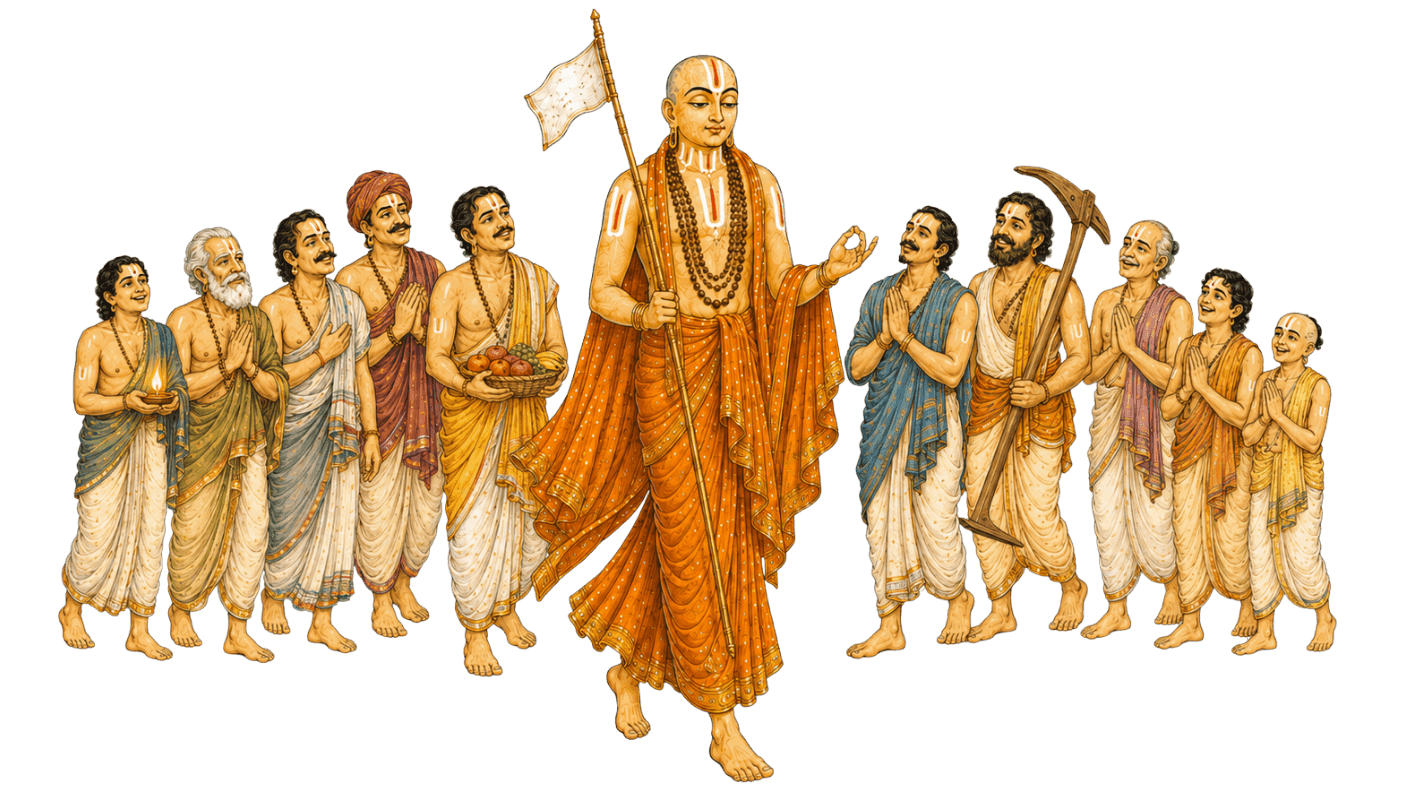 Sri Ramanujacharya travelling with his disciples