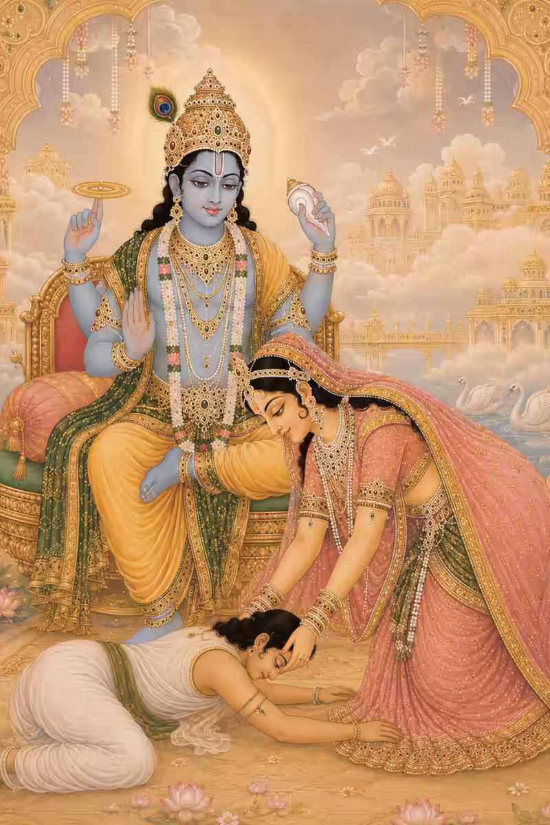 Goddess Lakshmi demonstrating her devoted, motherly side by gently blessing and supporting a prostrated devotee of Lord Vishnu, while Mahavishnu sits gracefully on His throne in Vaikuntha.