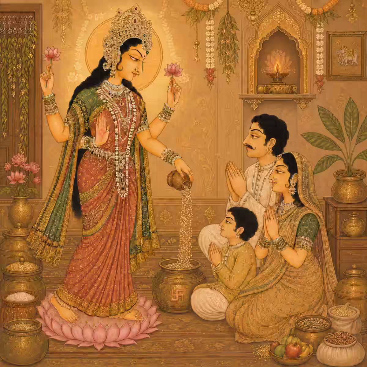 Goddess Lakshmi standing gracefully on a pink lotus flower, pouring an abundance of grains and wealth into the pots of a praying family to remove financial burdens.