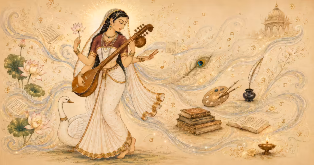 An artistic depiction of Goddess Saraswati walking with a Veena, surrounded by a sacred swan, lotus flowers, and flowing symbols of music, art, and Sanskrit mantras.