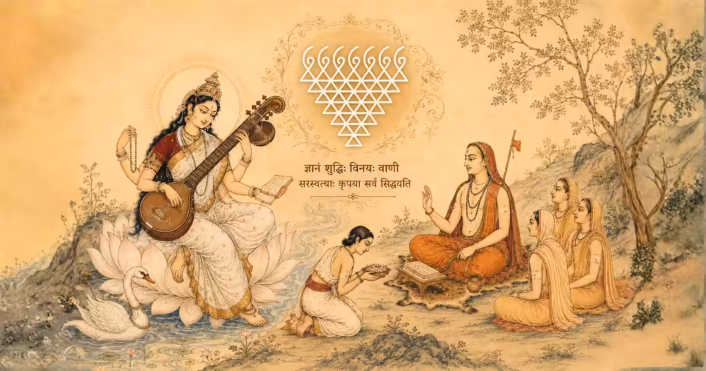 A wide blog header featuring Goddess Saraswati on a lotus, a glowing central Saraswati Yantra with Sanskrit verses, and a guru teaching his disciples in a serene landscape.