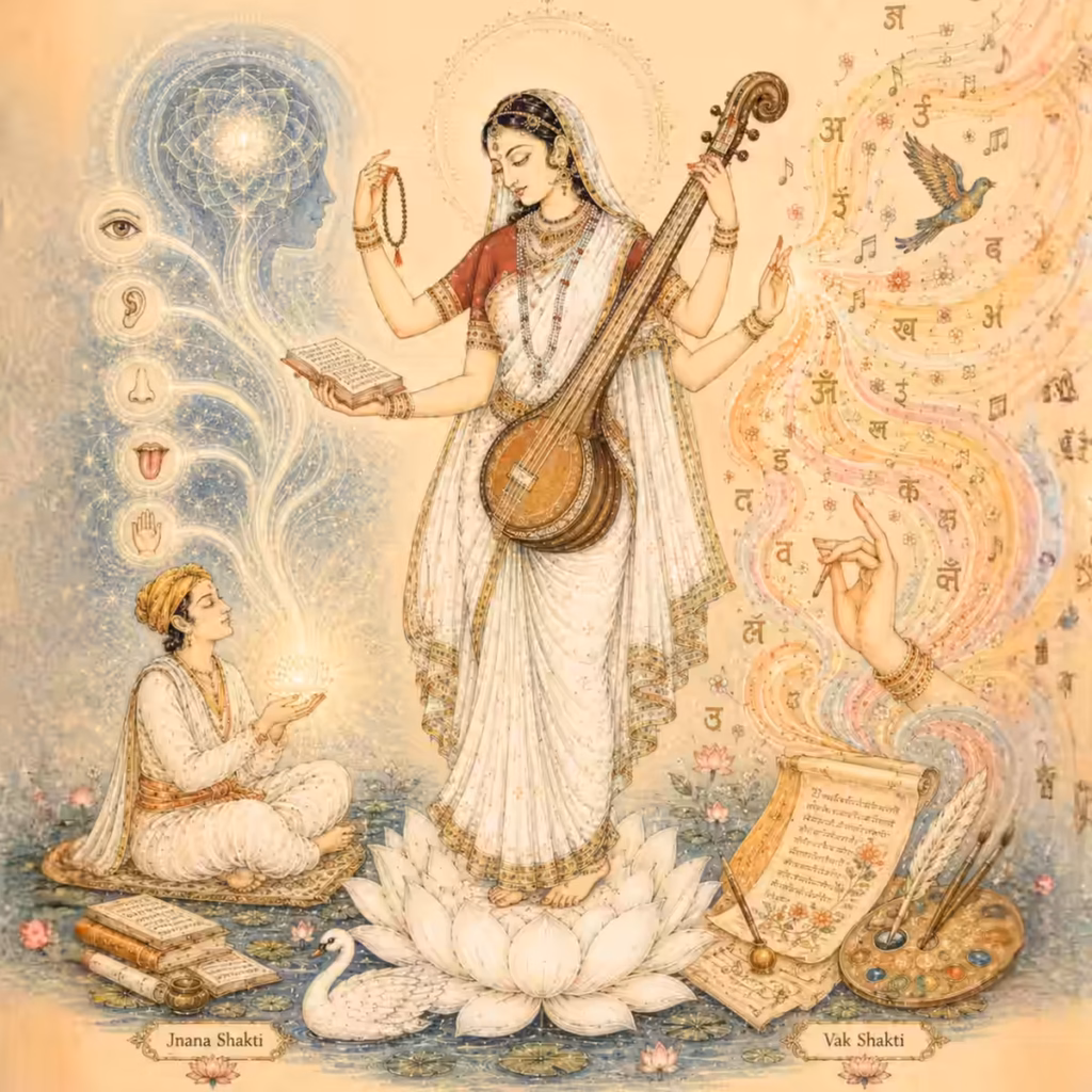 An illustration of Goddess Saraswati standing on a lotus, bridging two energies: Jnana Shakti on the left, depicting the five senses connecting to a cosmic mind for processing knowledge, and Vak Shakti on the right, displaying flowing Sanskrit letters, music notes, and art tools representing creative expression.