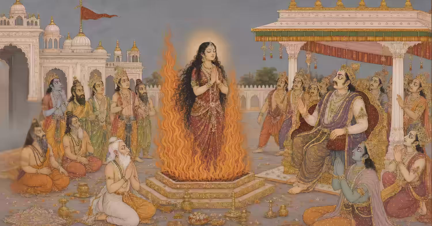 Goddess Sati standing peacefully in the sacrificial fire during Prajapati Daksha's grand yajna, illustrating the origin story of Lord Veerabhadra.