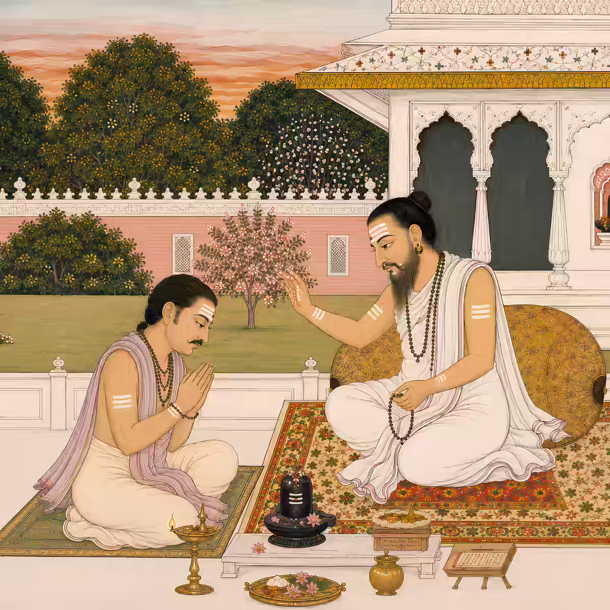 A spiritual Guru from the Shaiva tradition initiating a devoted disciple into the powerful Veerabhadra mantra sadhana in front of a sacred Shiva Linga.