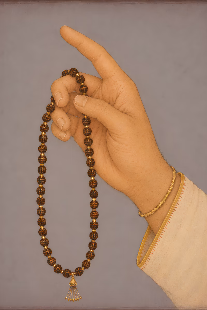 A devotee's hand holding a chanting mala, representing the use of a Rudraksha to focus intentions and gain spiritual benefits.