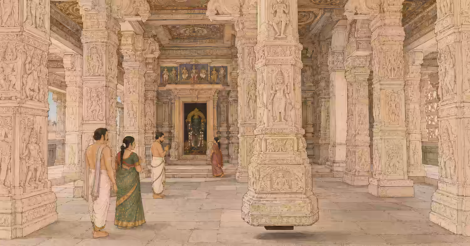 Devotees admiring the grand architecture and intricately carved stone pillars inside the famous Veerabhadra Temple located in Lepakshi, Andhra Pradesh.