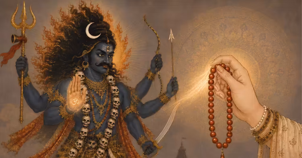 A featured image depicting the fierce, multi-armed Lord Veerabhadra establishing a divine connection with a devotee holding a red Moonga chanting mala, symbolizing the spiritual power of the Veerabhadra mantra.