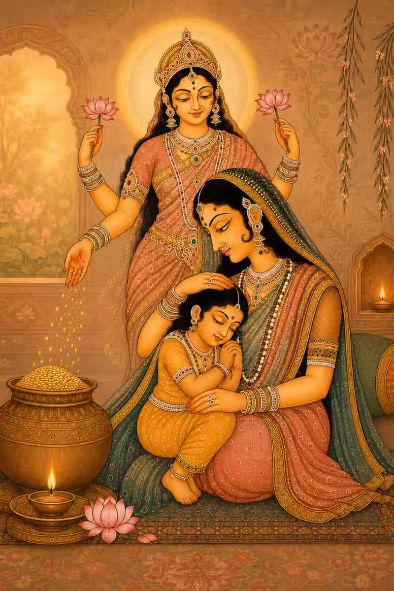 Goddess Lakshmi depicted as a comforting, nourishing mother tenderly holding a sleeping child in her lap, representing absolute safety from financial anxieties and worldly worries.