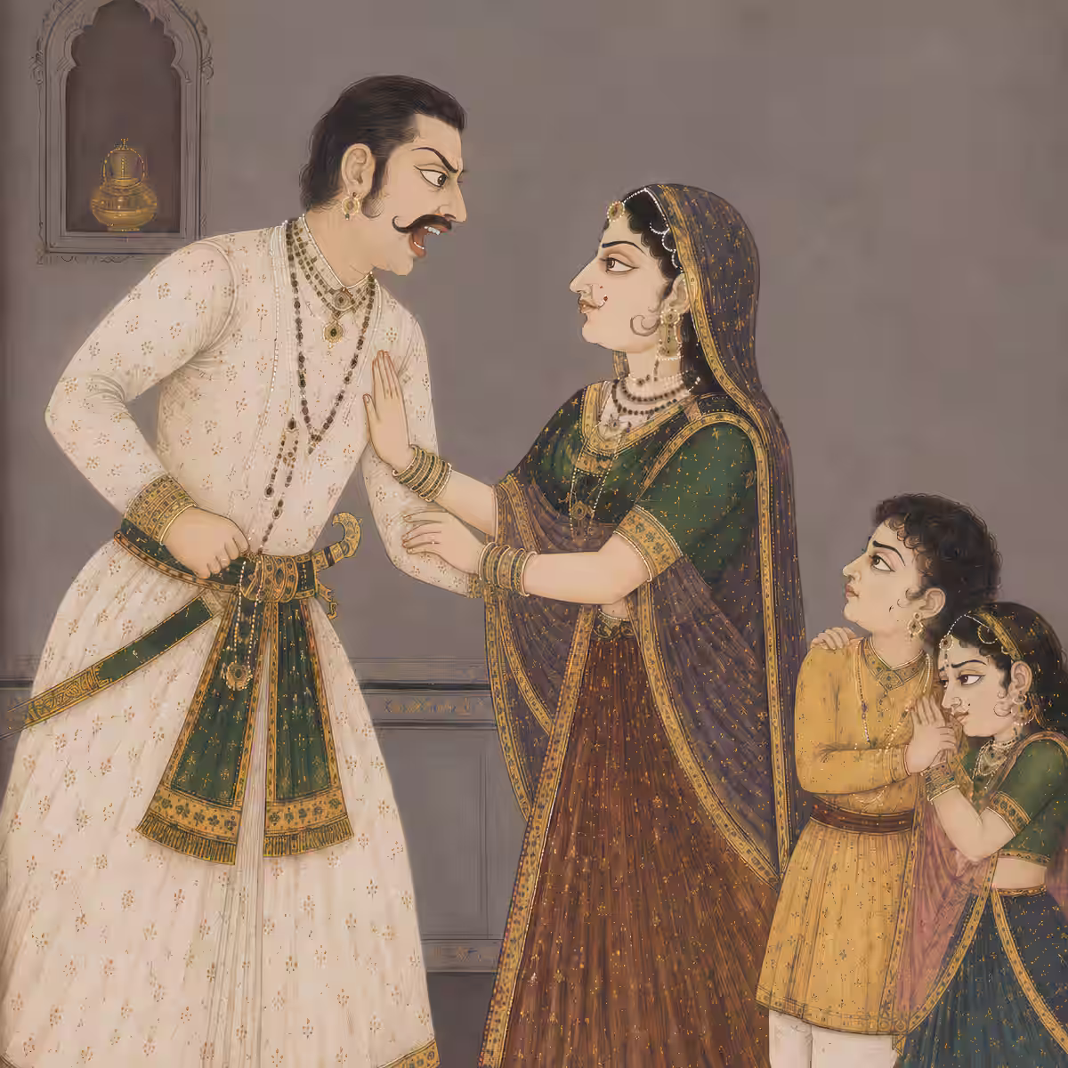 A householder displaying uncharacteristic aggression towards his family, illustrating the potential adverse effects of chanting fierce mantras without initiation.