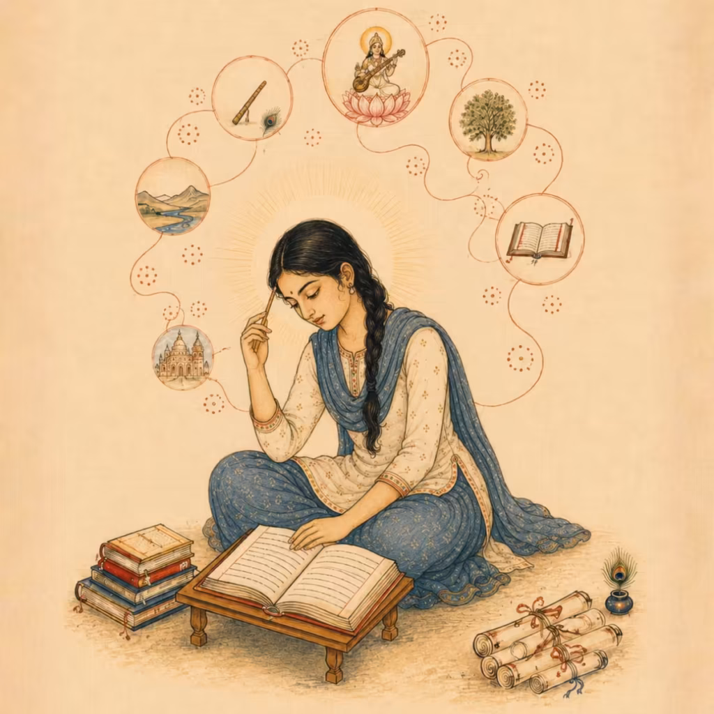 A young woman studying peacefully, surrounded by a halo of creative and academic thoughts including Goddess Saraswati, symbolizing improved memory, concentration, and Medha Shakti.