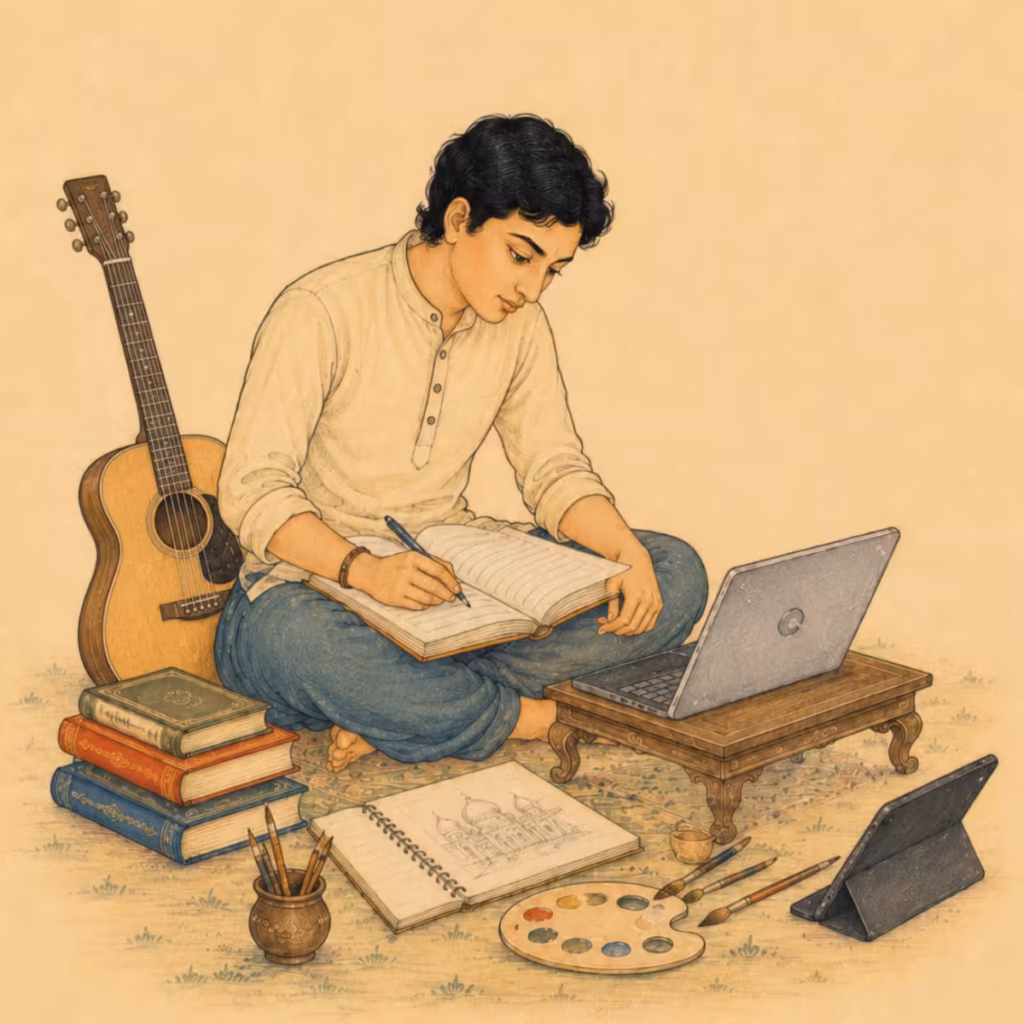 A young male student cross-legged with a laptop, writing in a book while surrounded by a guitar, art palette, and textbooks, showcasing the holistic balance of academics and creativity.