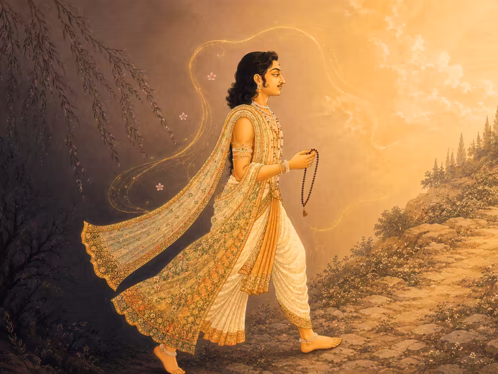 A spiritual seeker walking forward purposefully while holding a japa mala, symbolizing the progressive energy and growth brought by mantra sadhana.