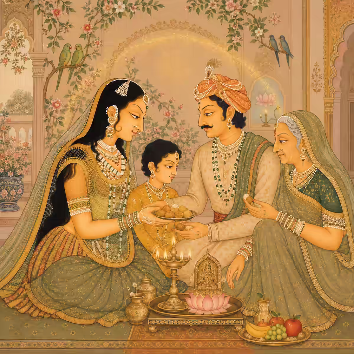 A joyful and accommodating family sitting together in a peaceful, traditional home setting, sharing food and sweets to symbolize mutual harmony and domestic peace.