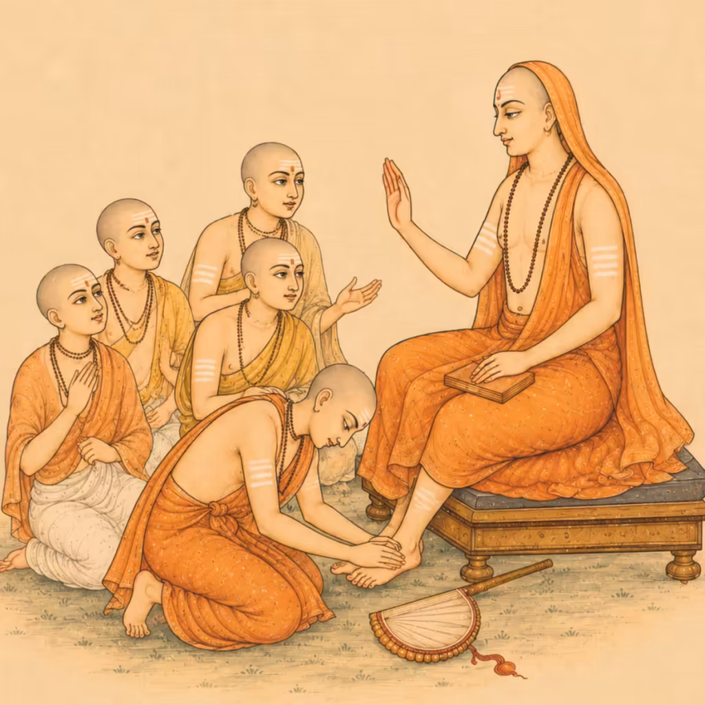The humble disciple Giri, later known as Sriman Totakacharya, in the presence of his guru Sri Adi Shankaracharya while other students watch in reverence.