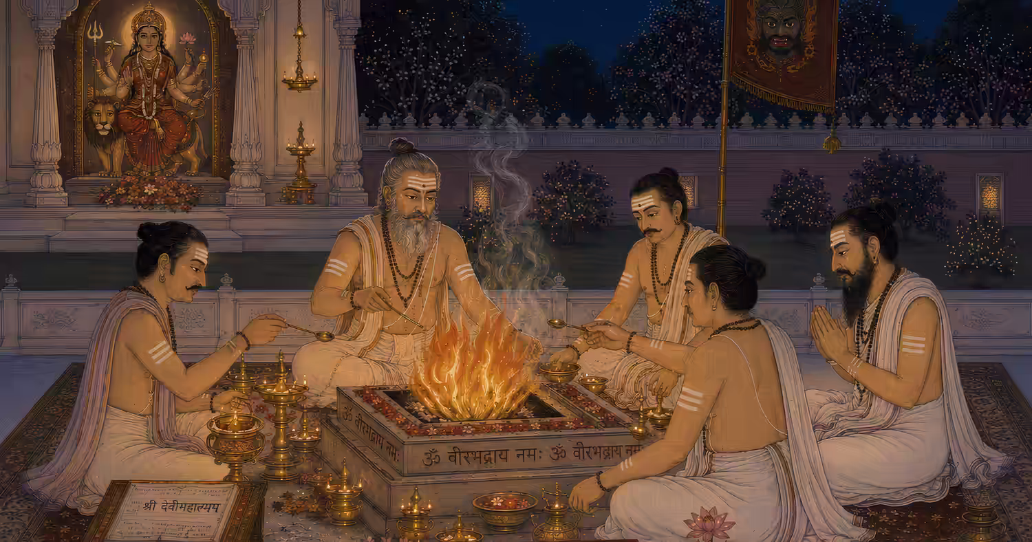 Traditional Shaiva priests sitting around a fire pit, performing a sacred Yajna and puja to invoke the protective energies of Lord Veerabhadra.